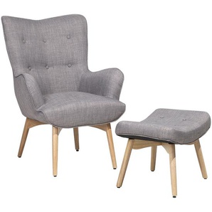 Ohrensessel Hellgrau Hocker Polsterbezug Gummibaumholz Wohnzimmer Skandinavischer Stil