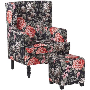 Sessel Schwarz Polsterbezug mit Hocker Blumenmuster Wohnzimmerausstattung Salon Schlafzimmer Essbereich