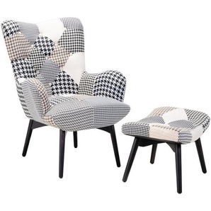 Ohrensessel Weiß Schwarz Hocker Polsterbezug Gummibaumholz Wohnzimmer Skandinavischer Stil