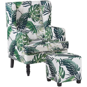 Sessel Weiß und Grün Polsterbezug mit Hocker Blättermuster Wohnzimmerausstattung Salon Schlafzimmer Essbereich