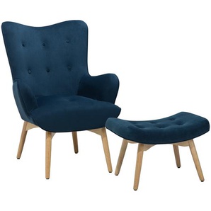 Ohrensessel mit Hocker Blau Samtstoff Gummibaumholz Moderner-Look für Wohnzimmer Schlafzimmer