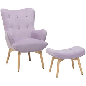 Ohrensessel mit Hocker Violett Samtstoff Gummibaumholz Moderner-Look für Wohnzimmer Schlafzimmer