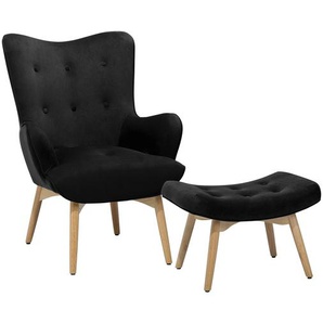 Ohrensessel mit Hocker Schwarz Samtstoff Gummibaumholz Moderner-Look für Wohnzimmer Schlafzimmer