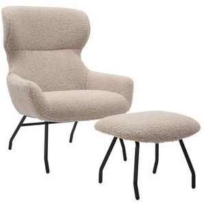 Sessel und Hocker Set, Teddyfell, Taupe, mit Bezug in Teddyfelloptik - Stuhl, Polstersessel, Polsterstuhl