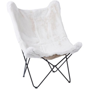 Sessel Weiß Webpelz mit Haarnadel Metallgestell Retro Stil Butterfly-Sessel Schmetterlingssessel Flur Diele Wohnzimmer Schlafzimmer Sitzmöbel