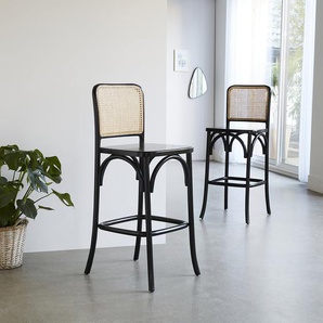 Set aus 2 Barhockern aus massivem Mahagoni und Rohrgeflecht