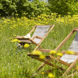 Set aus 2 Liegestühlen aus Akazienholz und grauem Stoff
