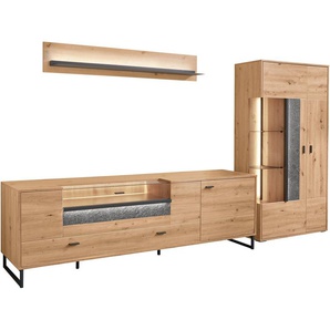 set one by Musterring TV-Wand Deltona, (3-St), Zierelemente aus Sandstein, inkl. Beleuchtung, Gesamtbreite ca. 317 cm