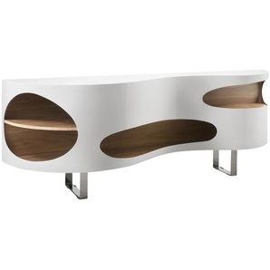 Sideboard 200x50x75 cm, weiß/Walnuss, Hochglanz, mit geschwungener Form, mit Edelstahl Füßen - Kommode, Anrichte