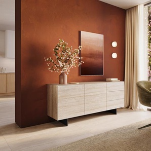 Sideboard Cuor 180 cm Keramik Laminam® Travertino Bianco Creme-Weiß 2 Türen 3 Schubfächer Fuß Schwebeoptik Metall Schwarz, Sideboards
