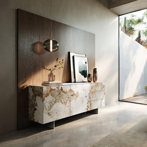 Sideboard Cuor 180 cm Keramik Minas Melange Weiß-Beige 2 Türen 3 Schubfächer Fuß Schwebeoptik Edelstahl, Sideboards