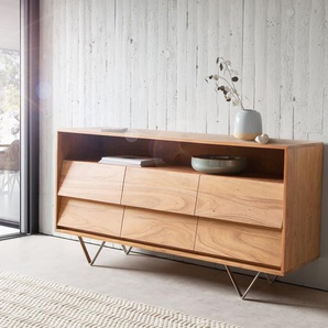 Sideboard Eloi 145x40 cm Akazie Natur 6 Schubladen V-Fuß Edelstahl, Sideboards