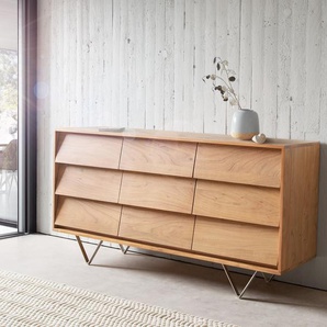 Sideboard Eloi Akazie Natur 145x40 cm 1 Tür 6 Schubfächer V-Fuß Edelstahl, Sideboards