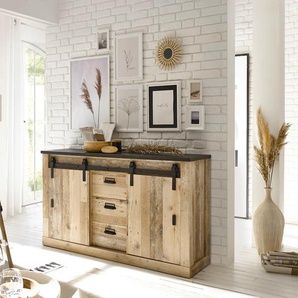 Sideboard HOME AFFAIRE SHERWOOD Sideboards Gr. B/H/T: 161 cm x 91 cm x 43 cm, 3, braun (old style hell dekor) Sideboards Holz Dekor, mit Scheunentorbeschlag und Apothekergriffen, Breite 161cm