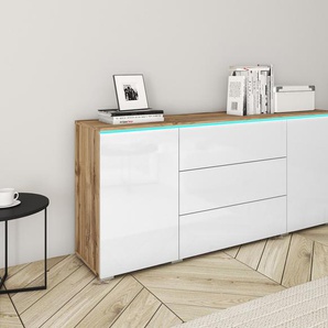 Sideboard INOSIGN VERA, grifflos, braun (eichefarben votan, weiß hochglanz), B:150cm H:67,9cm T:39,5cm, Sideboards, verstellbare Einlegeböden, Wahlweise mit oder ohne Beleuchtung