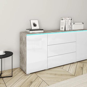 Sideboard INOSIGN VERA, grifflos, grau (betonoptik, weiß hochglanz), B:150cm H:67,9cm T:39,5cm, Sideboards, verstellbare Einlegeböden, Wahlweise mit oder ohne Beleuchtung
