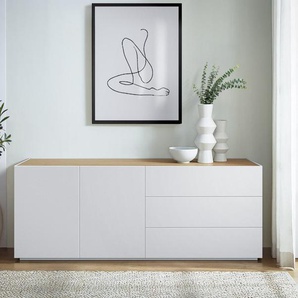 Sideboard Leo 160 cm - Weiß matt lackiert mit Eichentop - auf Bodenplatte