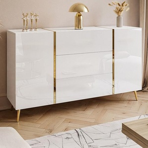 Sideboard mit 2 Türen & 3 Schubladen - Weiß glänzend & Goldfarben - MARZIALO