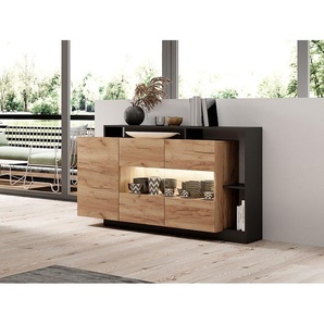Sideboard mit 3 Türen & 3 Ablagen + LEDs - Anthrazit & Naturfarben - IDESIA