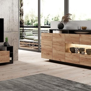 Sideboard mit 4 Türen & 4 Ablagefächern - Mit LED-Beleuchtung - Holzfarben hell & Anthrazit - IDESIA