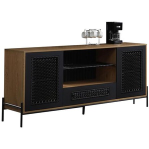Sideboard Natur/Schwarz, mit mattschwarzem Einsatz aus Polyrattan - Kommode, Anrichte