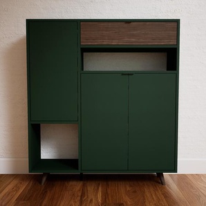 Sideboard Waldgrün - Sideboard: Schubladen in Nussbaum & Türen in Waldgrün - Hochwertige Materialien - 115 x 129 x 34 cm, konfigurierbar