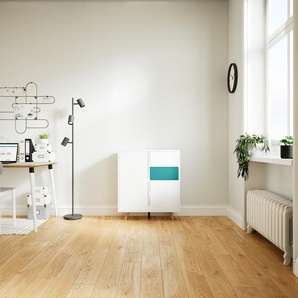 Sideboard Weiß - Sideboard: Schubladen in Blaugrün & Türen in Weiß - Hochwertige Materialien - 79 x 91 x 34 cm, konfigurierbar