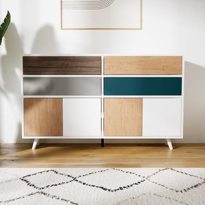 Sideboard Weiß - Sideboard: Schubladen in Grau & Türen in Eiche - Hochwertige Materialien - 151 x 91 x 34 cm, konfigurierbar