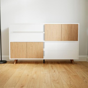 Sideboard Weiß - Sideboard: Schubladen in Weiß & Türen in Eiche - Hochwertige Materialien - 151 x 91 x 34 cm, konfigurierbar
