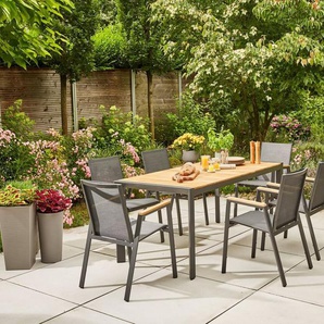 Siena Garden Garten-Essgruppe Savona, (7-tlg., 1x Tisch 180x90 cm, 6x Sessel), Aluminium, Teak FSC 100%, geeignet für 6 Personen