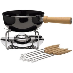 Silit Fonduetopf Ø 23 cm, 2,7 l - praktisches Fondue-Set, ideal f. Käse, Brühe o. Fett, Edelstahl 18/10, Holz, Silargan® (Set, 9-tlg., 1x Kasserolle, 1x Rechaud, 1x Brenner, 6x Gabeln mit untersch. Zeichen), Fondue-Kasserolle zum Vorheizen auf dem Herd