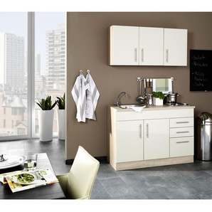 Single-Küchenzeile 120cm Beige/Hochglanz Crema Kochplatte