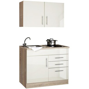 Single-Küchenzeile 100cm Beige/Hochglanz Crema Glaskeramik