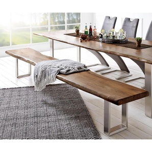 Sitzbank Live-Edge 295x40 Akazie Braun Gestell schmal Baumkante, Bänke, Baumkantenmöbel, Massivholzmöbel, Massivholz