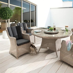 Sitzgruppe DESTINY Luna, natur meliert, B:60cm H:87cm T:71cm, Polyrattan, Aluminium, Glas, Sitzmöbel-Sets, bestehend aus 4x Sessel, 1x Tisch, 1x Drehteller, inkl. Auflagen, Topseller