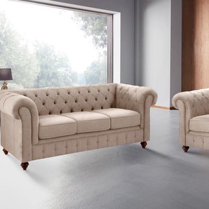 Sitzgruppe HOME AFFAIRE Chesterfield Sitzmöbel-Sets Gr. H/T: 74 cm x 89 cm, Luxus-Microfaser weich, beige (creme) Couchgarnituren Sets hochwertige Knopfheftung, bestehend aus 2- und 3-Sitzer