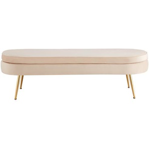 Sitzpouf oval, lang, Samt, Beige, Beine Chrom goldfarben, mit hohem Sitzkissen - Pouf, Beistellhocker, Polsterhocker