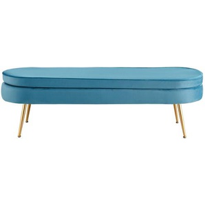 Sitzpouf oval, lang, Samt, Blau, Beine Chrom goldfarben, mit hohem Sitzkissen - Pouf, Beistellhocker, Polsterhocker