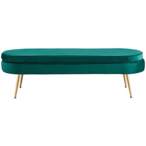 Sitzpouf oval, lang, Samt, Grün, Beine Chrom goldfarben, mit hohem Sitzkissen - Pouf, Beistellhocker, Polsterhocker
