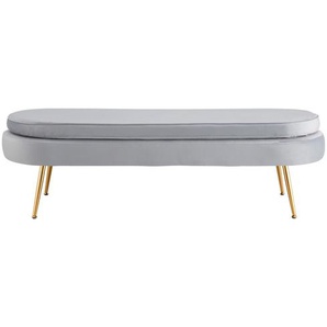 Sitzpouf oval, lang, Samt, Hellgrau, Beine Chrom goldfarben, mit hohem Sitzkissen - Pouf, Beistellhocker, Polsterhocker