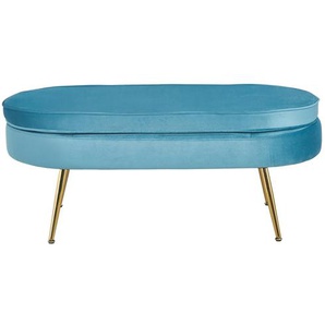 Sitzpouf oval, Samt, Blau, Beine Chrom goldfarben, mit hohem Sitzkissen - Pouf, Beistellhocker, Polsterhocker