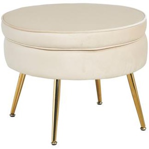 Sitzpouf rund, Samt, Beige, Beine Chrom goldfarben, mit hohem Sitzkissen - Pouf, Beistellhocker, Polsterhocker