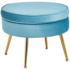 Sitzpouf rund, Samt, Blau, Beine Chrom goldfarben, mit hohem Sitzkissen - Pouf, Beistellhocker, Polsterhocker