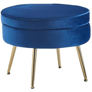 Sitzpouf rund, Samt, Dunkelblau, Beine Chrom goldfarben, mit hohem Sitzkissen - Pouf, Beistellhocker, Polsterhocker