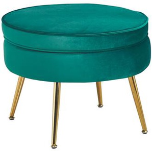 Sitzpouf rund, Samt, Grün, Beine Chrom goldfarben, mit hohem Sitzkissen - Pouf, Beistellhocker, Polsterhocker