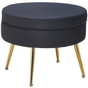 Sitzpouf rund, Samt, Schwarz, Beine Chrom goldfarben, mit hohem Sitzkissen - Pouf, Beistellhocker, Polsterhocker