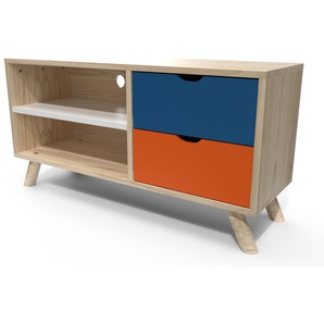Skandinavischer TV-Ständer aus Holz Blau Orange Weiß Viking