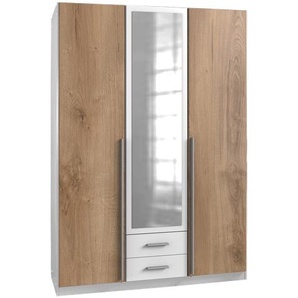 SKATE Kleiderschrank, Front und Korpus Weiß, mit Spiegel, Außentüren Plankeneiche Nachbildung