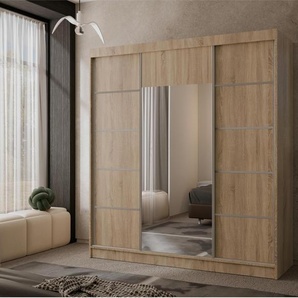 Sleephony 3-türig Garderobenschrank mit Spiegel Almeria modernes Schrank mit 4 Schubladen 200 cm Kleiderschrank mit Schiebetüren, Farbe: Hellbraun, Sprossenfarbe: Silber