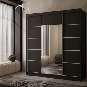 Sleephony 3-türig Garderobenschrank mit Spiegel Almeria modernes Schrank mit 4 Schubladen 200 cm Kleiderschrank mit Schiebetüren, Farbe: Schwarz, Sprossenfarbe: Silber